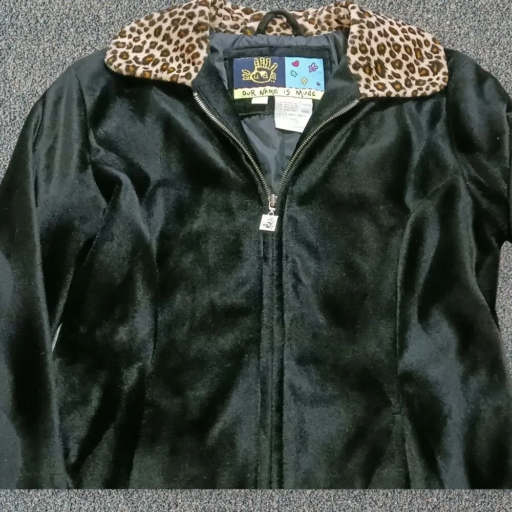 Mudd Women's Black Faux Fur Leopard Print Trim Full Zip Coat Jacket Y2K Small - Picture 9 of 10